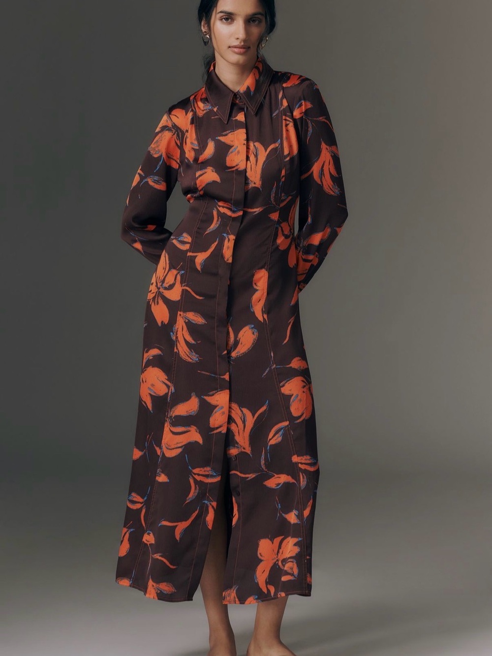 Exquise Long-sleeve Satin Shirt Dress in Brown w/ Orange Floral Print. XS (0-2)